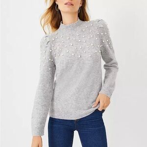 ANN TAYLOR Pearlized Puff Sleeve Gray Cable Sweater Size XS
